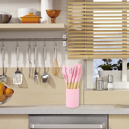 QWORK 12-Piece Pink Kitchen Tool Set - Includes Silicone Cooking Utensils, Whisk and Ladle, Tool Crock