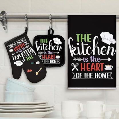 Sratte 6 Pcs Kitchen Decor Accessories Set Farmhouse Towels Pot Holders Oven Mitts Set 2 Dish Towels 2 Potholders 2 Cooking Mittens Oven Glove for Christmas Baking Cooking (Black Color)
