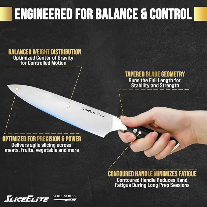 SliceElite Slice Series 8 Inch Chef Knife High Carbon German Steel Blade Pakkawood Handle Dual Sheath Sharp Cooking Knife for Meat Cleaver BBQ Kitchen Knife for Slicing Chopping Cutting Carving Tool
