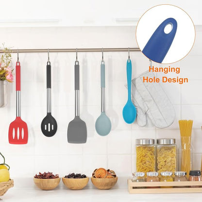 HARFINGTON 2Pcs Silicone Spoons, Heat Resistant Kitchen Cooking Utensil Spoon for Cooking, Mixing, Stirring and Serving, Navy Blue