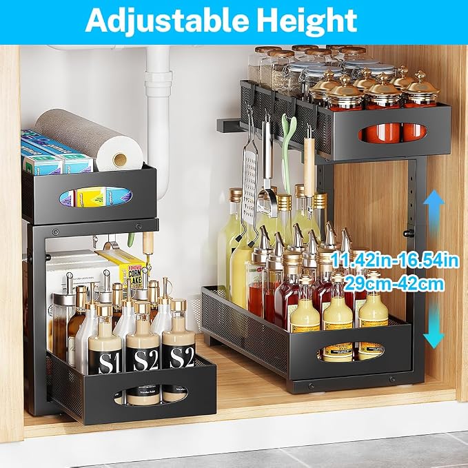 Under Sink Organizer, 2-Tier Pull Out Baskets, Black | Rustproof carbon steel, 2 tier mesh sliding drawers, Height adjustable to bypass pipes, For kitchen, bathroom, laundry