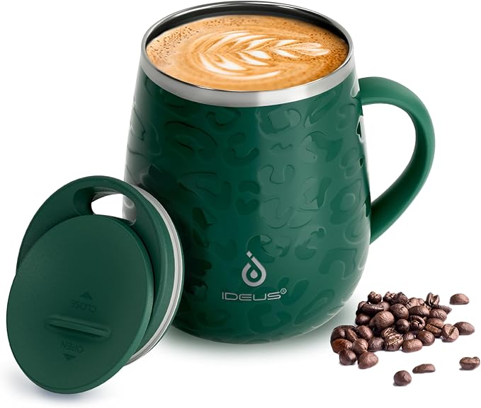 Ideus 16 oz (470 ml) Insulated Coffee Mug with Handle and Lid, Double Wall Stainless Steel Vacuum Thermal Coffee Mug, Travel Coffee Cup Thermal Cup for Home and Office, Leopard Green
