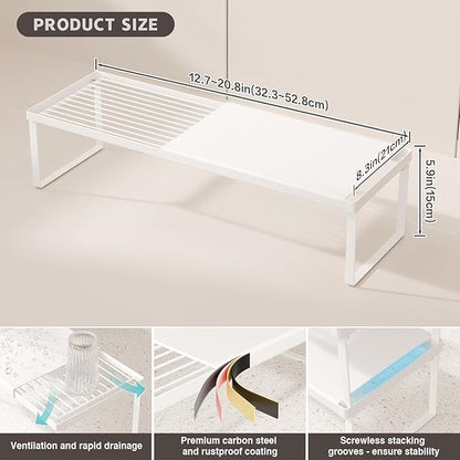 Magheo Expandable Cabinet Shelf Organizer, 2 Pack Stackable Kitchen Counter Shelf Riser, Metal Spice Rack Heavy Duty Countertop Organizer Storage for Kitchen, Pantry, Cupboard, Rv (5.9in Height,White)