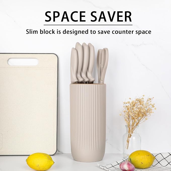 Knife Set, Howashin 6-Piece Khaki Professional Stainless Steel Knives for Kitchen with Universal Knife Block - Non-Stick Sharp Blade Chef Knife Set with Cylindrical Knife Block for Gift.