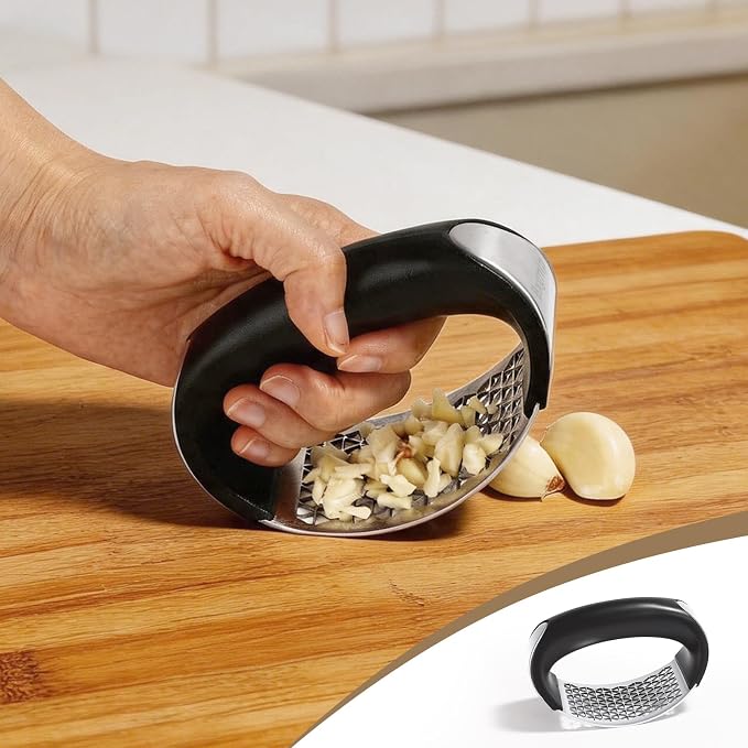Garlic Press Rocker, Stainless Steel Garlic Mincer with Triangular Holes Effortless Squeeze for Weak Hands, Easy to Clean, Medium Garlic Crusher for Home Kitchen