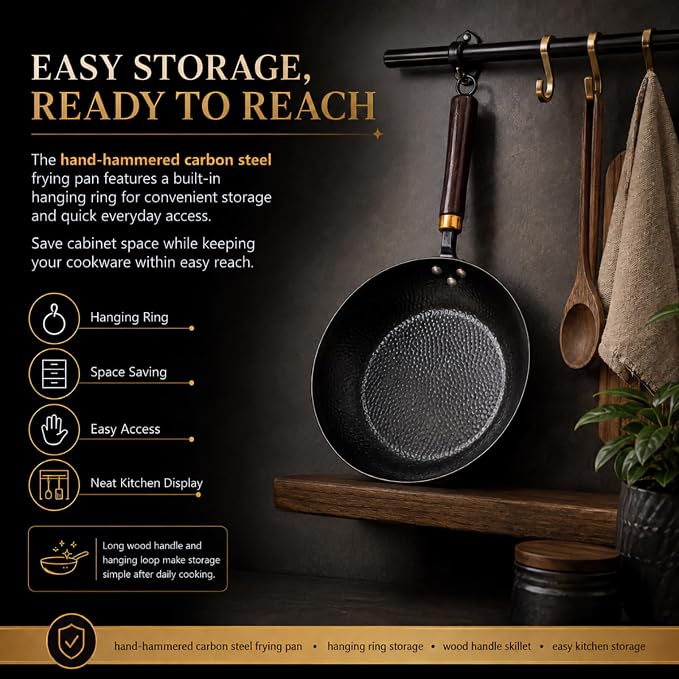 Calmabode 10.5” Hand-Hammered Carbon Steel Skillet with Glass Lid | Pre-seasoned coating-free carbon steel, flared rim, flat bottom, induction compatible, ideal for steak, eggs and searing