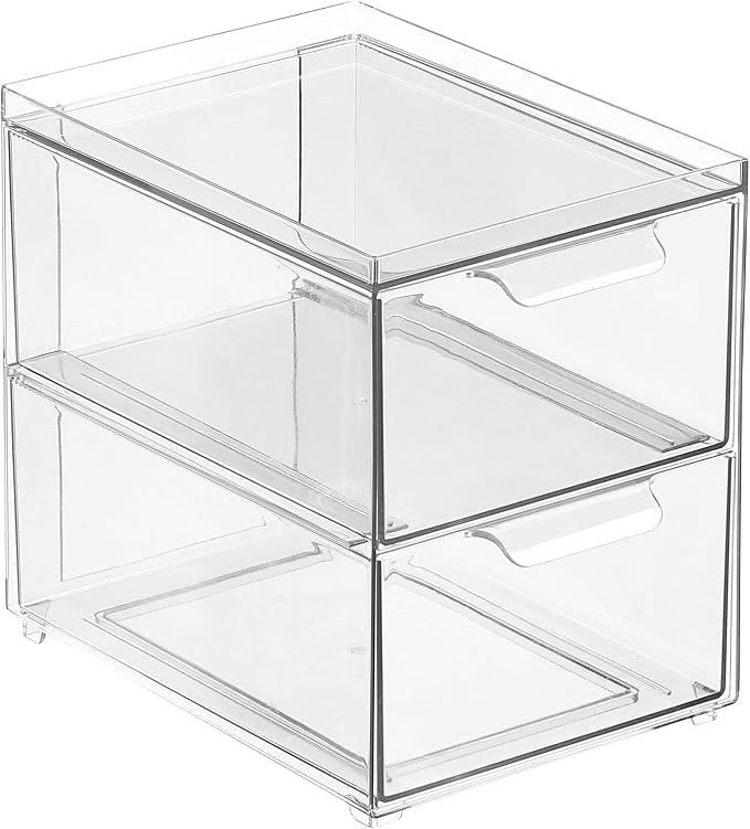 mDesign Stackable Storage Containers Box with 2 Pull-Out Drawers - Stacking Plastic Drawer Bins for Kitchen Pantry and Cupboard, Cabinet, Counter, Island and Tables - Lumiere Collection - Clear