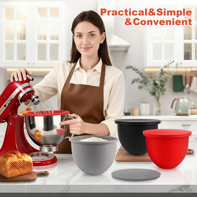 Silicone Bowl Liners for KitchenAid Mixers, 3-Pack Silicone Mixing Liners with Lids, Replacement for 5 Quart Tilt-Head Stand Mixer Bowls Accessories