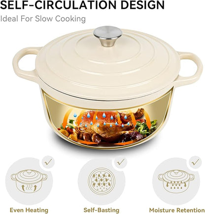 Miereirl 6 Quart Enameled Dutch Oven Pot with Lid, Cast Iron Dutch Oven with Dual Handles for Bread Baking, Cooking, Non-stick Enamel Coated Cookware (Beige)