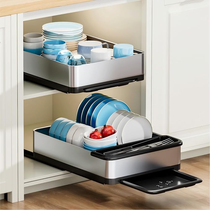 Ewaiira Stainless Steel Dish Drying Rack with Drainboard, Pull Out Cabinet Organizer 12.6" Wx16.5 D, Heavy Duty Slide Out Drawers for Plates, Kitchen Cabinets Pantry Storage