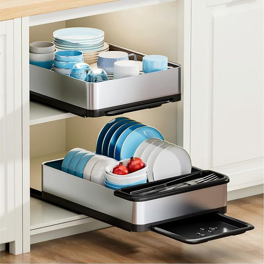 Ewaiira Stainless Steel Dish Drying Rack with Drainboard, Pull Out Cabinet Organizer 12.6" Wx16.5 D, Heavy Duty Slide Out Drawers for Plates, Kitchen Cabinets Pantry Storage