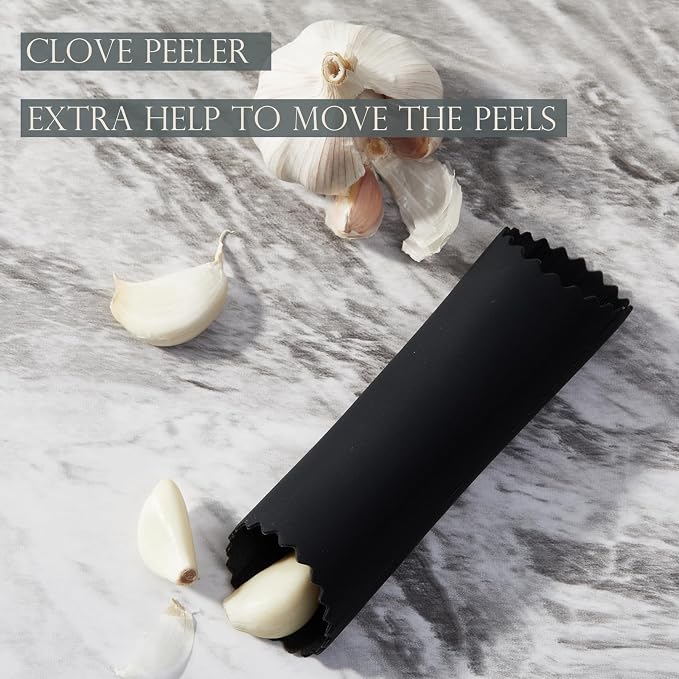 Kitessensu High Effective Premium Garlic Press Set, With Silicone Garlic Peeler & Brush, Heavy Duty Garlic Mincer, Easy to Squeeze and Clean, Rust Proof & Dishwasher Safe - Gold