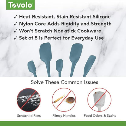 Tovolo Flex Core 5 Piece Silicone Spatula Set Heat Resistant All Silicone Utensils Include Non Stick Spatula Spoonula Jar Scraper, Dishwasher Safe BPA Free Spatulas for Baking Mixing, Blue Slate