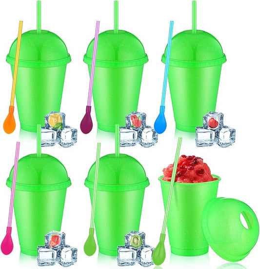6 Set Slushie Cups with Dome Lids and Straws Detachable Spoon Straws Reusable Plastic Iced Coffee Cups Smoothie Tumbler for Birthdays Summer Party Supplies(Green,16 oz)