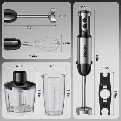 Immersion Blender Handheld 1200W, 20-speeds Immersion Hand Blenders, Hand Mixer with Mining Beaker,Chopper,Whisk, Frother and Stick Blender Suitable for Kitchen, Protein Shakes and Baby Food (Silver)