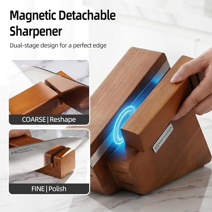 KnifeSaga Kitchen Knife Set with Block and Sharpener | 12-Piece Premium High Carbon Stainless Steel Knife Block Set, Ergonomic Anti-Slip Handle, Rubberwood Knife Block