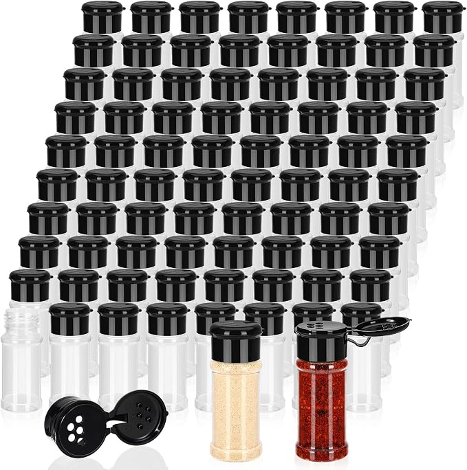 Amyhill 100 Pcs Plastic Spice Bottles Spice Jars with Black Cap Seasoning Jars Shaker 2 Oz/ 60ml Clear Bottle Containers with Shaker Lids for Storing Herbs and Seasoning Powders