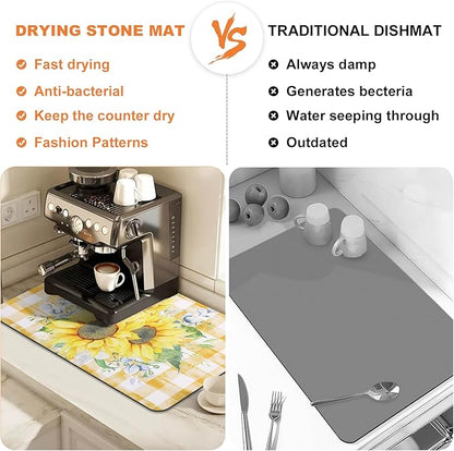 LOKHOM Dish Drying Mat for Kitchen Counter, 17"x32" Absorbent Coffee Bar Mat with Sunflowers, Vintage Floral Dish Drainer Rack Mat for Decoration