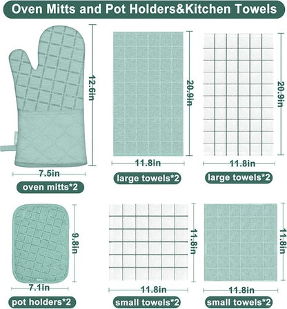 Oven Mitts Pot Holders Sets/Kitchen Towels and Dishcloths, Oven Gloves Kitchen Dish Towels 500 Degree Heat Resistant Potholders with Non-Slip Silicone Surface for Cooking, Grilling, Baking-Mint Green