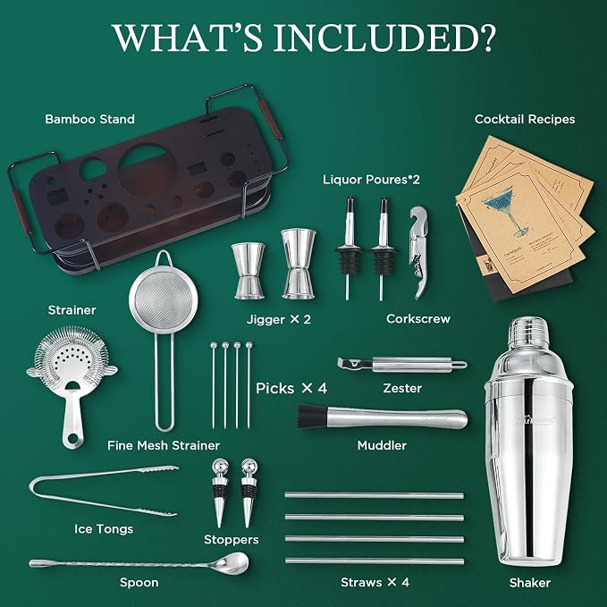 KITESSENSU Cocktail Shaker Set Bartender Kit with Stand | Complete 24-Piece Bar Set Cocktail Kit with All Bar Accessories: Martini Shaker, Jigger, Muddler | Drink Mixer Set for Home Bar Cocktails