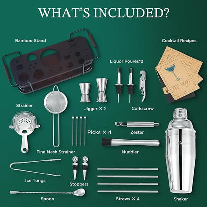 KITESSENSU Cocktail Shaker Set Bartender Kit with Stand | Complete 24-Piece Bar Set Cocktail Kit with All Bar Accessories: Martini Shaker, Jigger, Muddler | Drink Mixer Set for Home Bar Cocktails