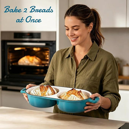 Enameled Cast Iron Double Round Bread Loaf Pot with Lid – 16cm Diameter Mini Dutch Oven for Sourdough Bread Baking, 500°F Oven Safe Non Stick Bread Pan, Double Dutch Oven for Meatloaf, Cake, Even Heating – Emerald