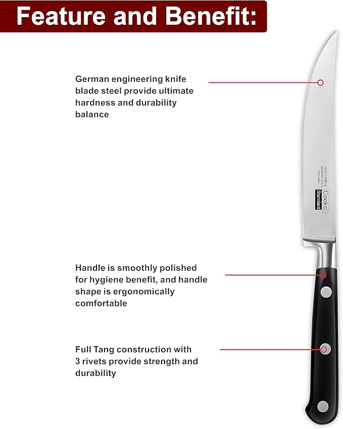Cooks Standard Classic Cutlery Steak Knives Set, High Carbon Stainless Steel, Ergonomic Handle, 6-Piece, Black