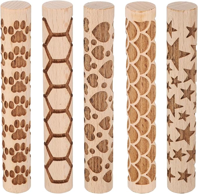 HARFINGTON 5pcs Wood Clay Roller 4" Paw Print Pattern Rolling Pins Wood Rollers Pottery Tools Wood Grain Texture Rollers for Clay Baking Dough Playdough DIY
