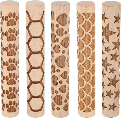 HARFINGTON 5pcs Wood Clay Roller 4" Paw Print Pattern Rolling Pins Wood Rollers Pottery Tools Wood Grain Texture Rollers for Clay Baking Dough Playdough DIY