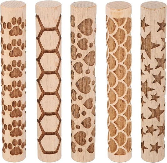 HARFINGTON 5pcs Wood Clay Roller 4" Paw Print Pattern Rolling Pins Wood Rollers Pottery Tools Wood Grain Texture Rollers for Clay Baking Dough Playdough DIY
