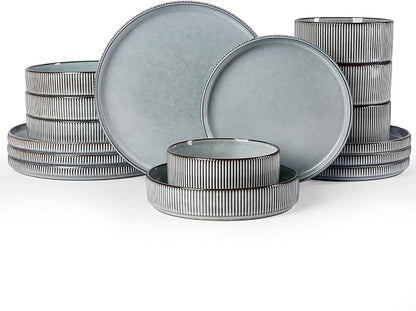 Famiware Star 16-Piece Stoneware Dinnerware Sets, Service for 4 - Shallow Pasta Bowls & Flat Plates, Modern Rustic Reactive Glaze Dishes, Chip/Scratch Resistant, Microwave/Dishwasher Safe, Smoky Blue