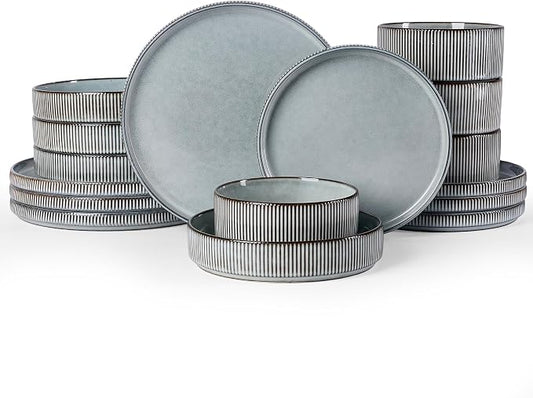 Famiware Star 16-Piece Stoneware Dinnerware Sets, Service for 4 - Shallow Pasta Bowls & Flat Plates, Modern Rustic Reactive Glaze Dishes, Chip/Scratch Resistant, Microwave/Dishwasher Safe, Smoky Blue