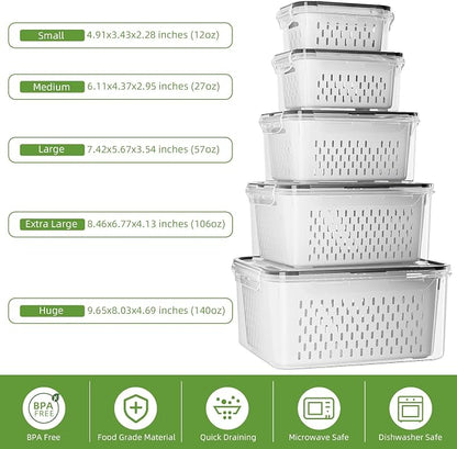 KEMETHY 5 Pack Fruit Storage Containers for Fridge with Removable Colanders - Food Storage Containers with Lids, BPA-Free Produce Containers Keep Fruits, Vegetables, Berry, Meat Fresh Longer