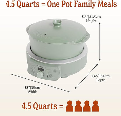 MAGNIFIQUE Slow Cooker, 4.5 Quart 8-in-1 Clay Pot Multi-Cooker, Non-Toxic Slow Cooker with Removable Clay Pot, for Rice, Pasta, Steam & Proof, Nonstick, Oven Safe Pot to 500°F, Olive