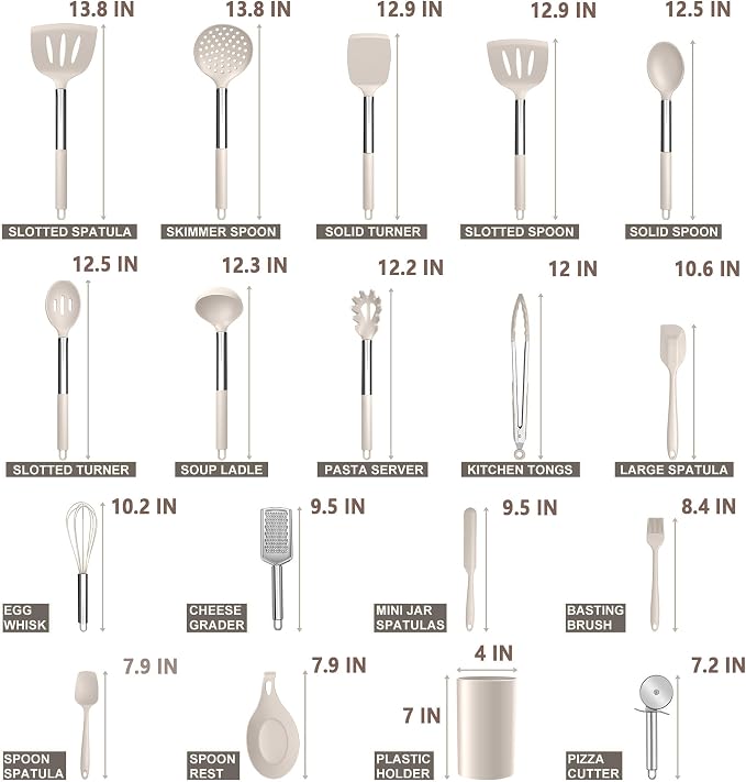 E-far Silicone Cooking Utensils Set, 30 Pcs Heat Resistant Kitchen Utensils with Stainless Steel Handle, Heat Resistant Kitchen Spatulas Turner Tong Spoon Whisk Ladle for Nonstick Cookware, Khaki