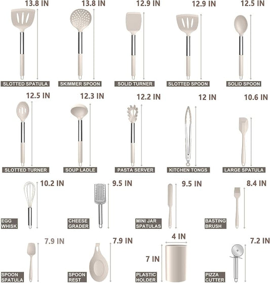 E-far Silicone Cooking Utensils Set, 30 Pcs Heat Resistant Kitchen Utensils with Stainless Steel Handle, Heat Resistant Kitchen Spatulas Turner Tong Spoon Whisk Ladle for Nonstick Cookware, Khaki