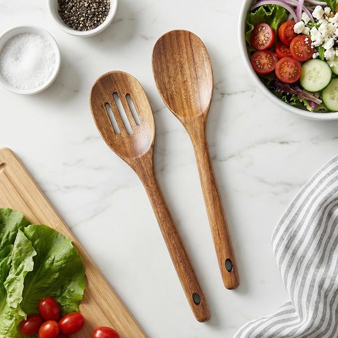 Large Wooden Spoons for Cooking Utensil Set Big Mixing Serving Slotted Spoons Acacia Wood Cooking Spoon Set Non Toxic Spatula for Kitchen Bamboo Kitchen Utensils Long Handle Stirring Spoon Spatulas