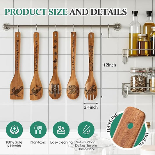 Remerry 6 Pcs Sea turtle Gifts for Women Sea turtle Kitchen Gift Set with Acacia Cooking Spoons Apron Christmas Kitchen Cooking Utensils Set for Christmas Mother's Day Housewarming Gift