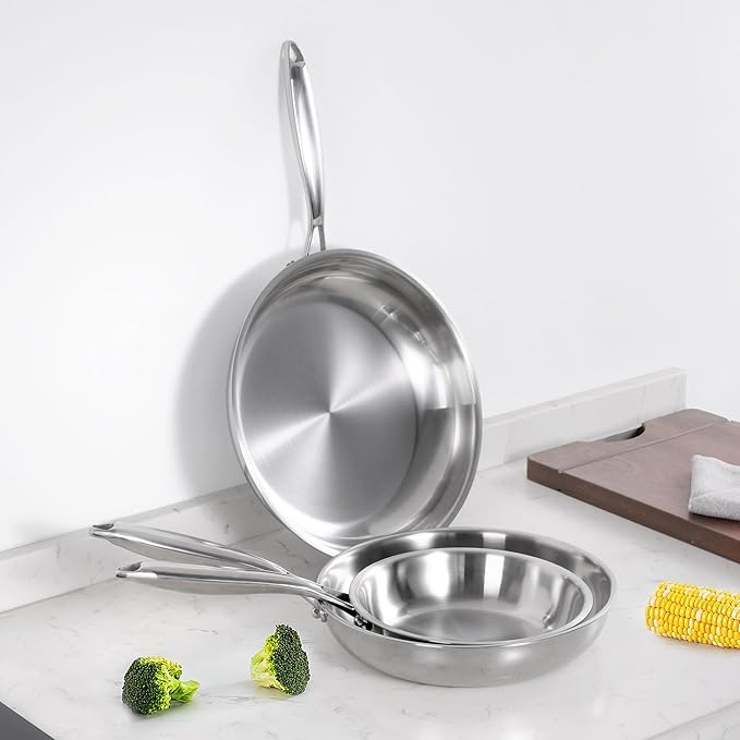 SuperCook 2 Pieces Tri-Ply Clad Stainless Steel Frying Pan, 8" and 10" Skillet Set, Steel Pans for Cooking, Sauté Pans Set, Non-Toxic, Multiclad, Induction Oven Compatible, Dishwasher Safe