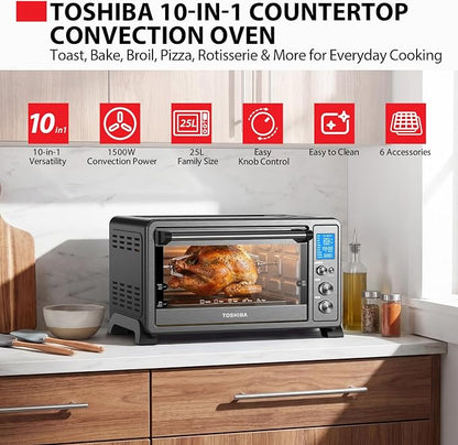 TOSHIBA 10-in-1 Convection Toaster Oven, 6-Slice Countertop Oven, 1500W with Toast, Bake, Broil, Rotisserie & Pizza Functions, LCD Knob Controls, 6 Accessories, Black Stainless Steel