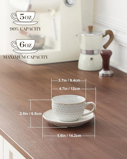 MALACASA 6 OZ Cappuccino Cups with Saucers Set of 4 - Ceramic Stackable Tea Cups and Saucers, Embossment Coffee Mugs for Tea, Latte and Mocha, Dishwasher Safe, Arctic white, LYDIA Series