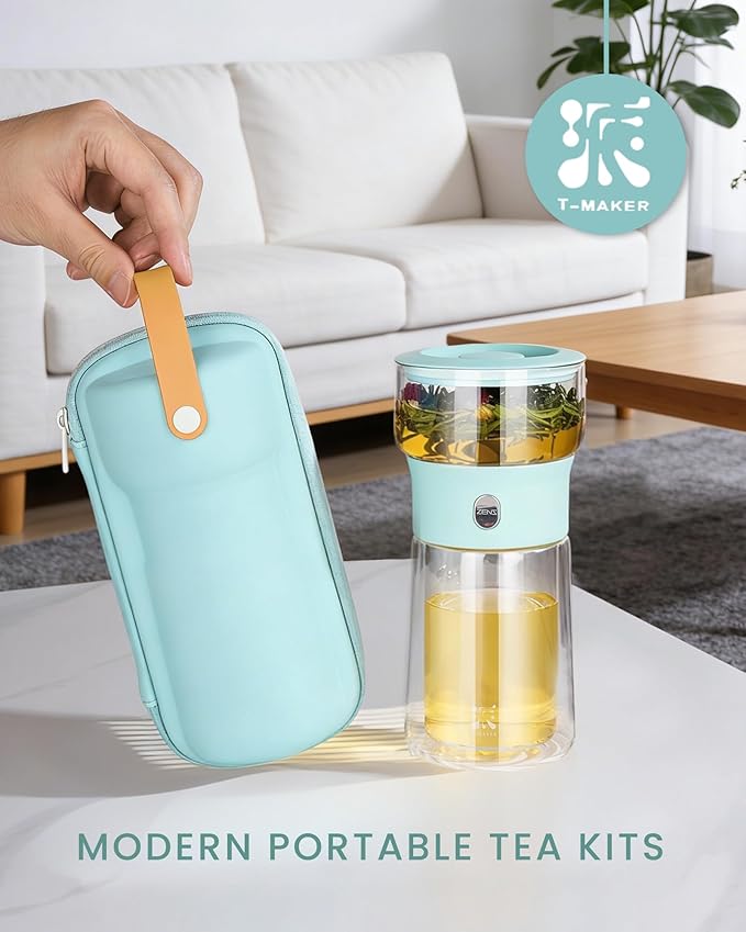 ZENS Modern Glass Tea Infuser Teapot, Smart One Touch Tea Maker for Loose Tea Diffusers with Insulated Mug and Cute Portable Tea Kits for Tea Lover Gifts