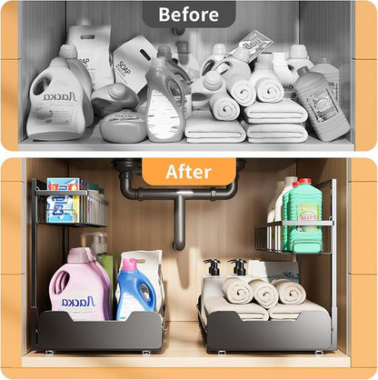 PureBox Under Sink Organizer, 2-Tier L-Shaped Pull Out Cabinet Shelf with 2 Installation Methods, Adjustable Sliding Storage Drawer for Kitchen, Bathroom, Laundry, Metal, Black, 2-Pack