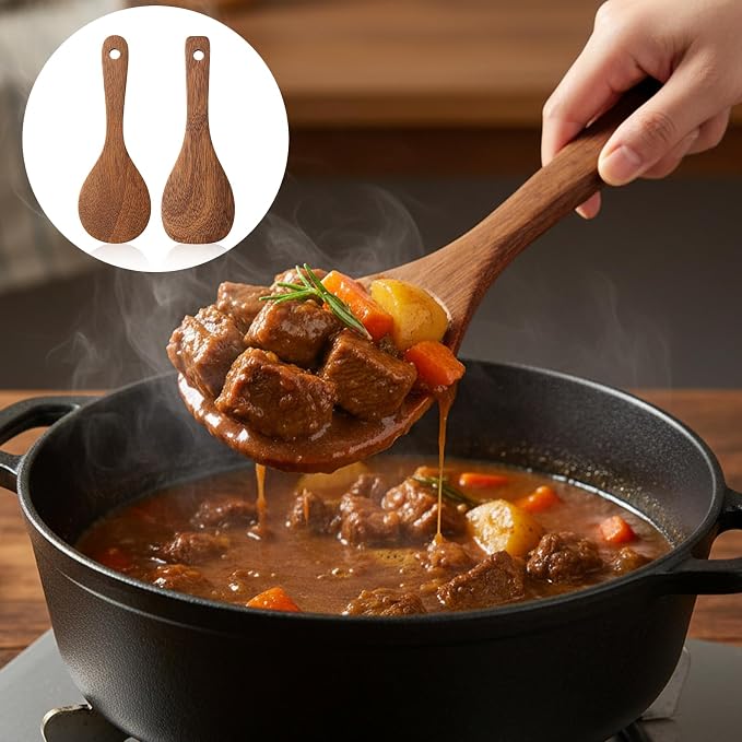 2 PCS Wooden Rice Spoon, 8.7'' Rice Serving Paddle Non Stick, Versatile Cooking Spoon Heat Resistant Cooking Utensils for Non Stick Cookware Serving Mixing Baking