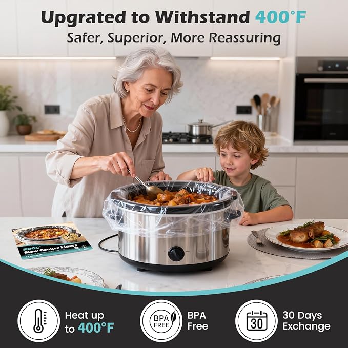 KOOC Slow Cooker Liners, 15 count 14" x 22" Extra Large Size Cooking Bags Fits 6-10 Quart Pots, Disposable Pot Liners Suitable for Oval & Round & Retangular Pot