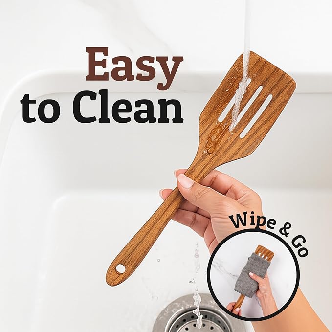 PriorityChef Teak Wooden Slotted Turner - Premium Wood Spatula for Cooking - Nonstick-Safe Kitchen Utensil - Handcrafted Wooden Turner for Flipping & Stirring