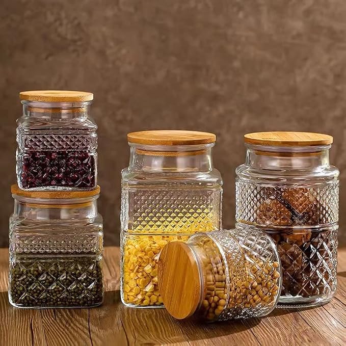 Glass Storage Jars Vintage Embossed Canisters Food Cereal Storage Containers with Bamboo Lid, Decorative Jars for Kitchen Counter,Pantry,Set 3-Piece Glass Jars in 60 oz/40 oz/20 oz (Round)