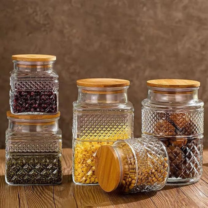 Glass Storage Jars Vintage Embossed Canisters Food Cereal Storage Containers with Bamboo Lid, Decorative Jars for Kitchen Counter,Pantry,Set 3-Piece Glass Jars in 60 oz/40 oz/20 oz (Round)