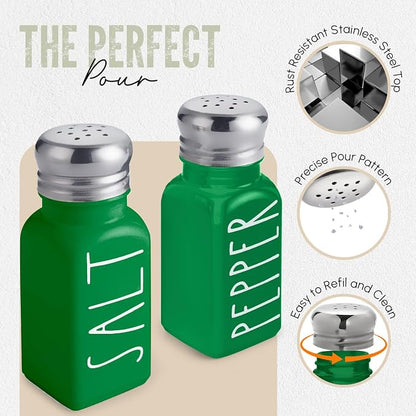 Green Salt and Pepper Shakers Set by Brighter Barns - Modern Farmhouse Kitchen Decor for Home, Restaurants, Airbnb - Cute Kitchen Decor and Accessories - Glass Shakers & Stainless Steel Lids (Green)