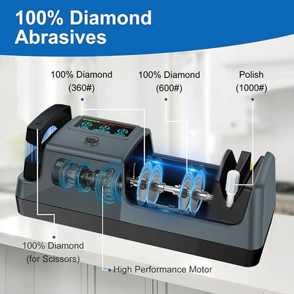 5-in-1 Electric Knife Sharpener for Kitchen Knives, 3-Stage Sharpener with 100% Diamond Abrasive, LCD Screen, Speed Adjustable, Knife Sharpener for All Kitchen Knives Quick Sharpening, Scissors